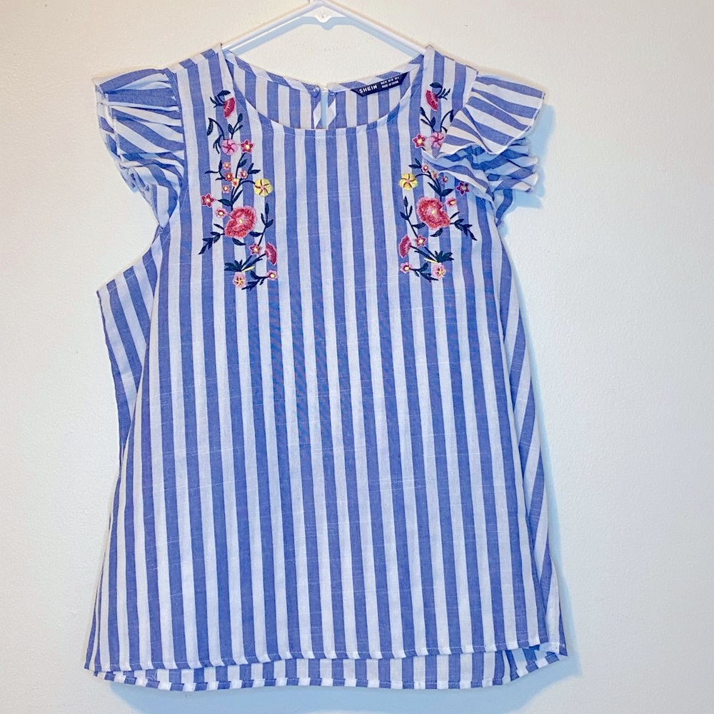 SHEIN Blue and white stripes blouse with embroidered flowers